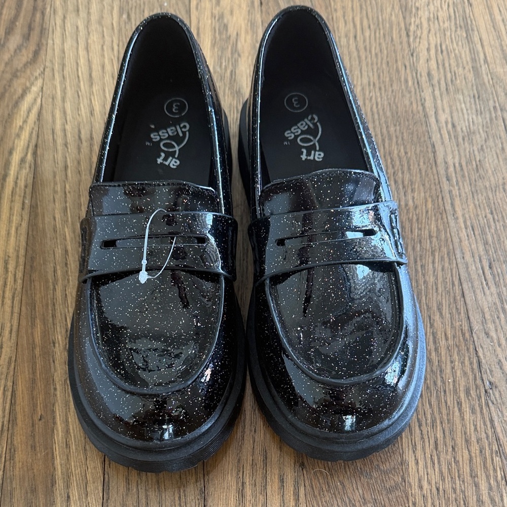 art class Black Glitter Penny Loafers for Kids - Sparkle Finish size 3